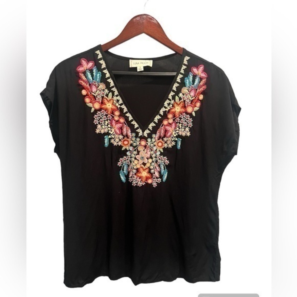 Luna Noon Sheer Black Blouse with Embroidered Design Small Size
